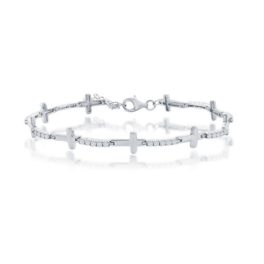 Sterling Silver Sideways Cross & Simulated Diamond Bracelet