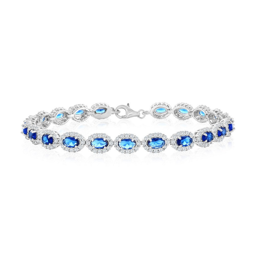 Sterling Silver, Oval Sapphire and Simulated Diamond Halo Bracelet