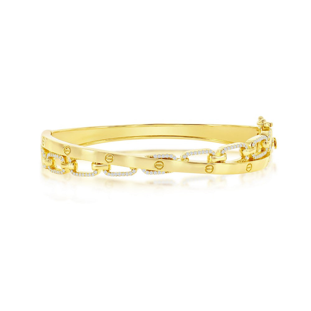 Sterling Silver Overlapping Polished & Rectangle Simulated Diamond Bangle - Gold Plated