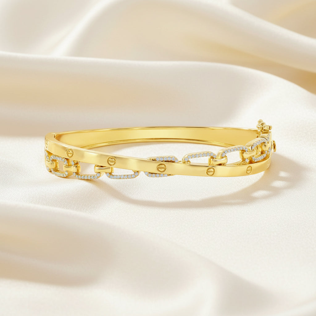 Sterling Silver Overlapping Polished & Rectangle Simulated Diamond Bangle - Gold Plated