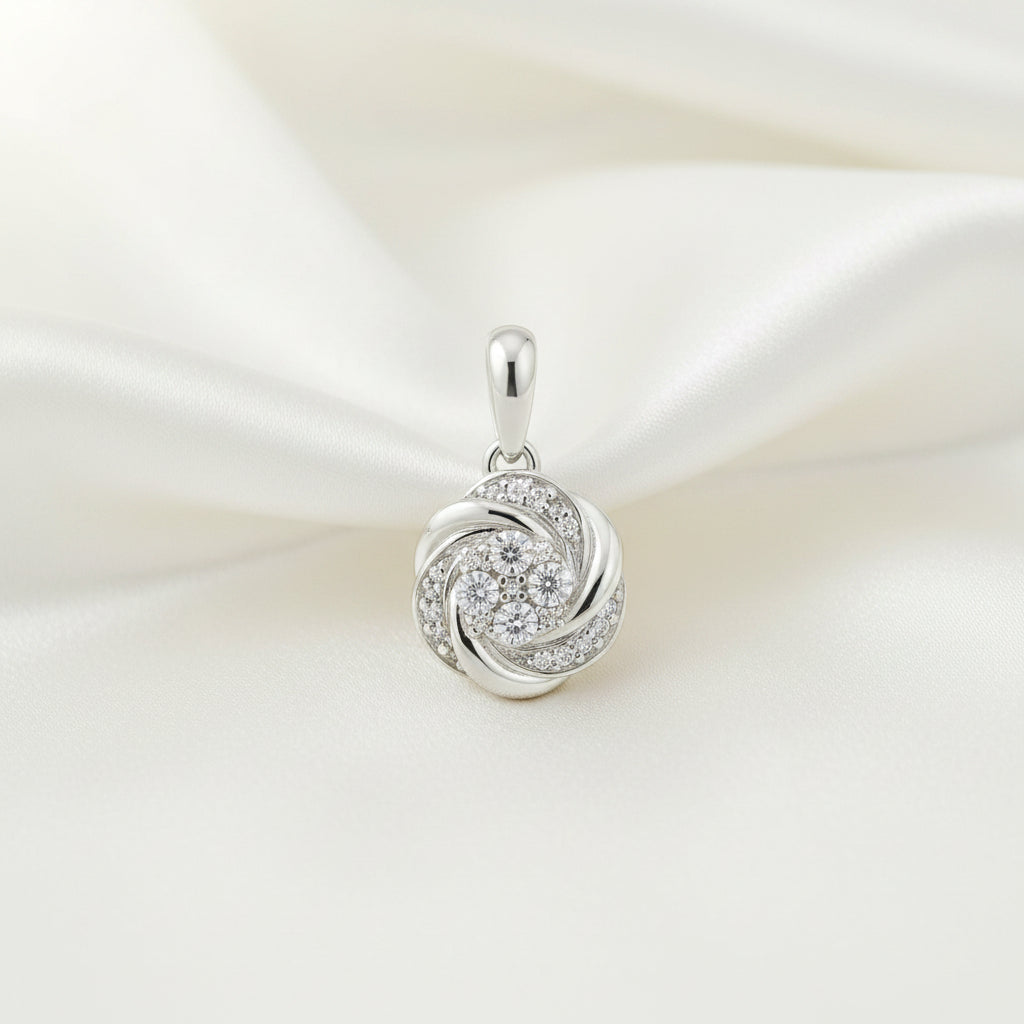 Sterling Silver Round Diamond Cluster Pendant w/ Chain