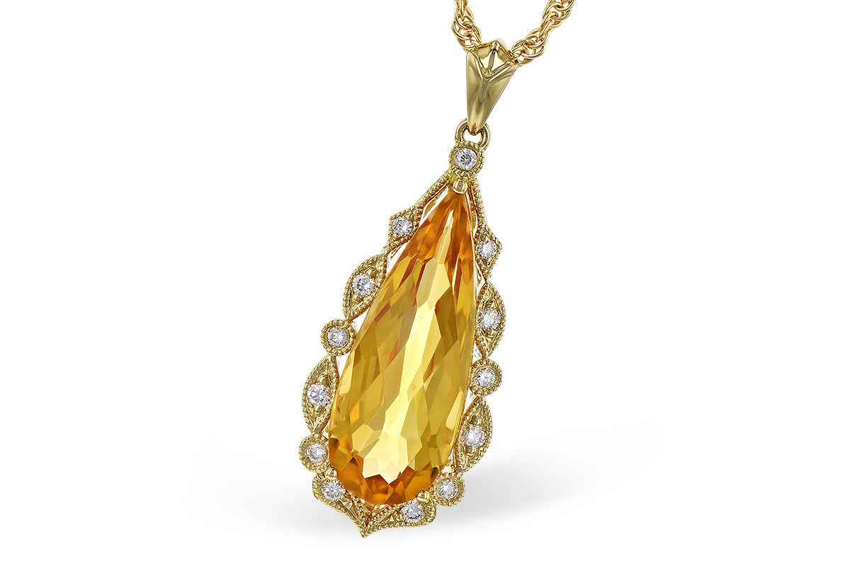 Elongated Pear Citrine and Diamond Vintage Style Pendant