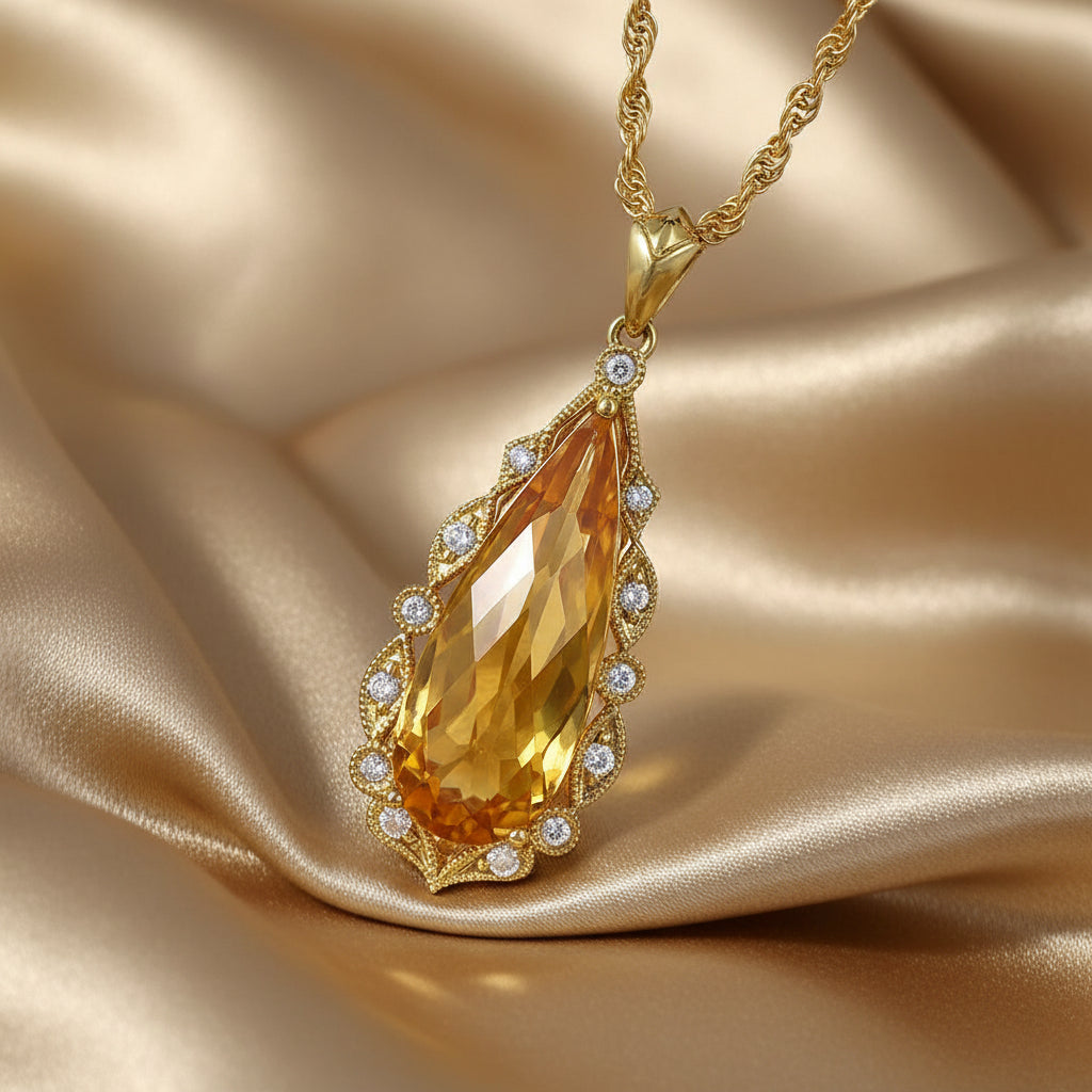 Elongated Pear Citrine and Diamond Vintage Style Pendant