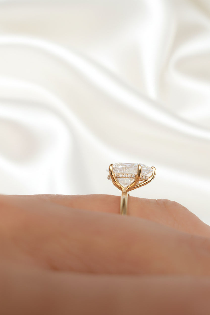 Estate Pear Moissanite Solitaire Ring with Hidden Halo