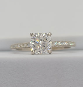 Sterling Silver Cushion Moissanite Engagement Ring with Hidden Halo