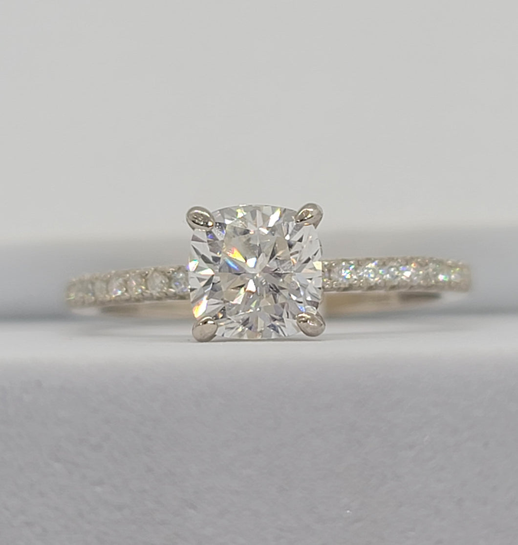 Sterling Silver Cushion Moissanite Engagement Ring with Hidden Halo