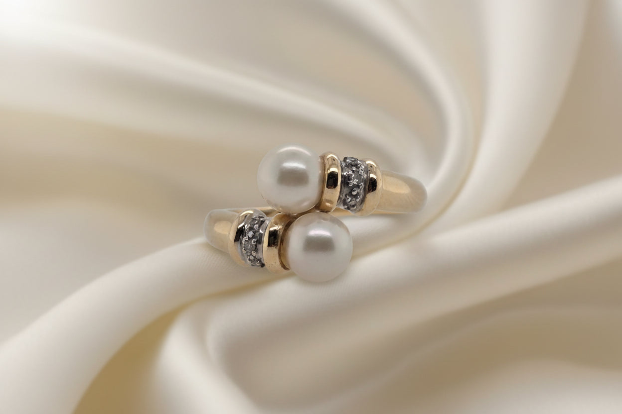 Estate Bypass Pearl and Diamond Ring