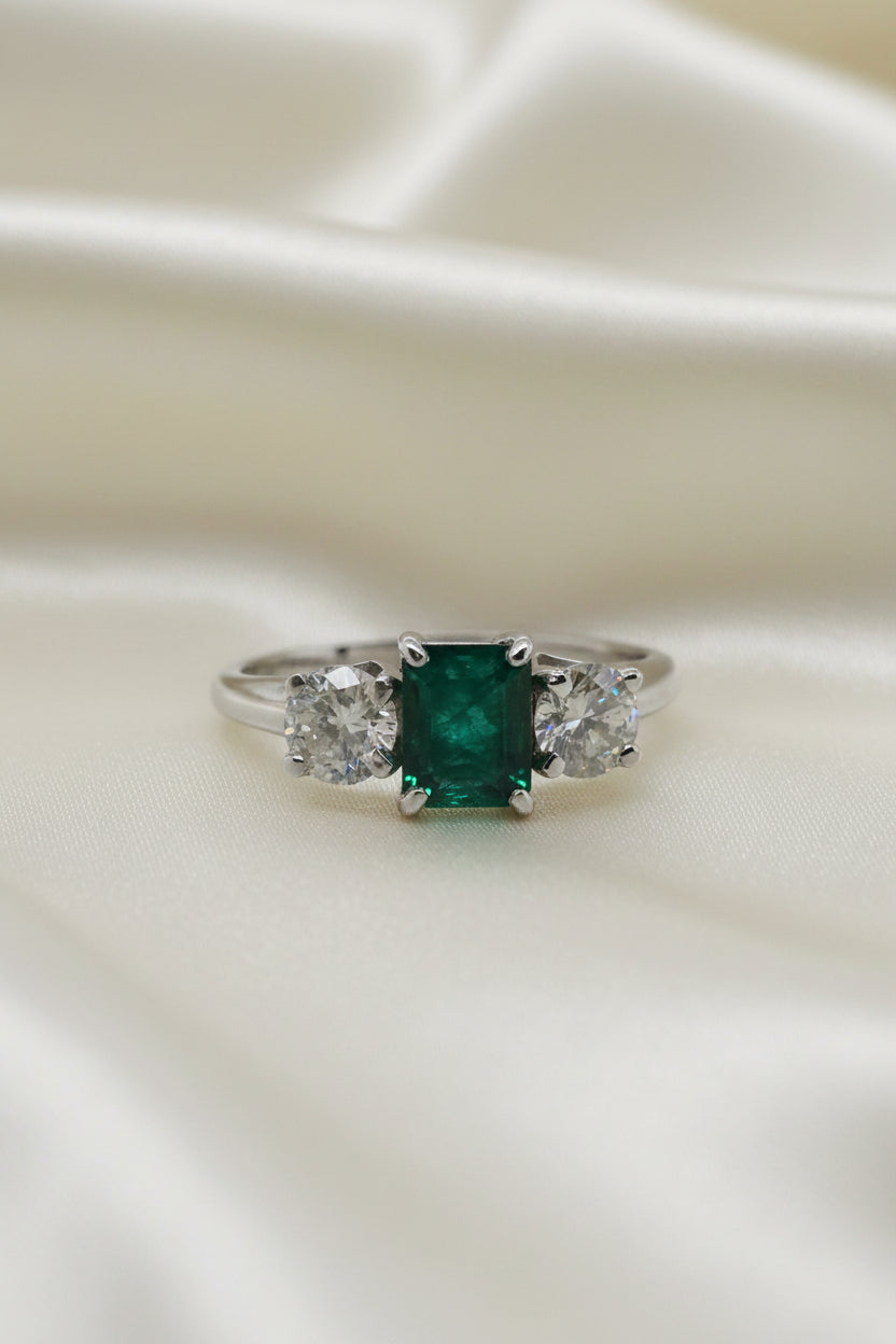 Estate Emerald and Diamond 3 Stone Ring