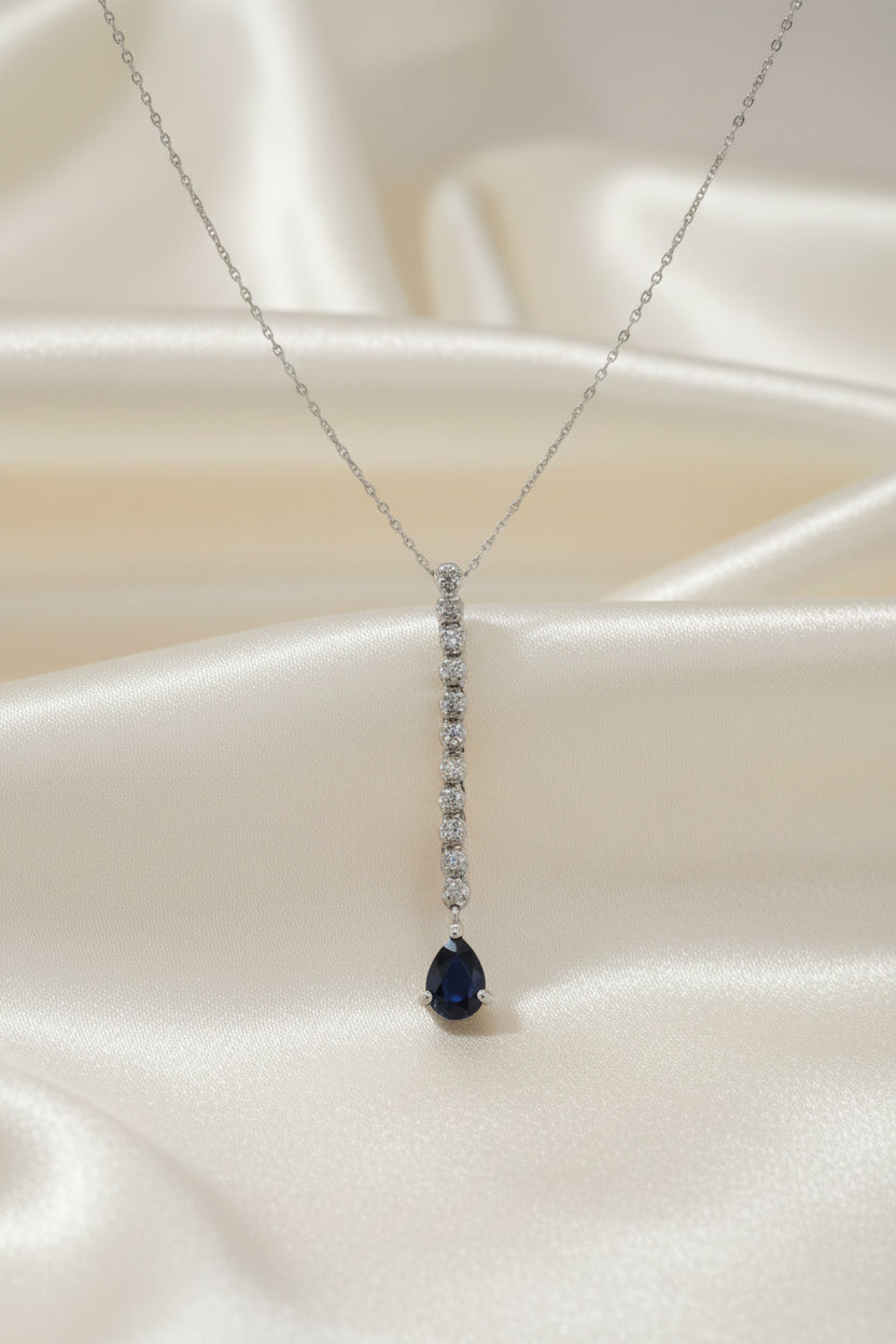 Estate Blue Sapphire and Diamond Drop Pendant with Chain
