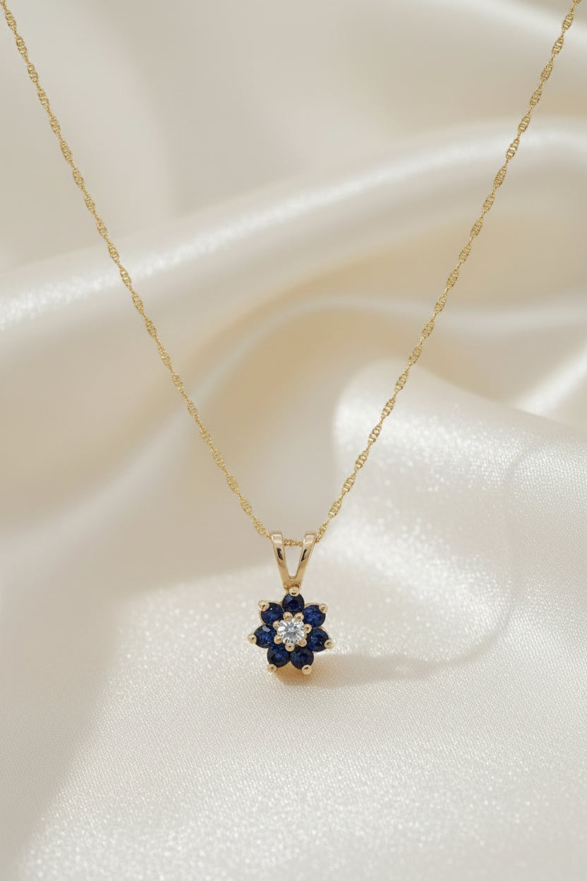 Estate Dainty Blue Sapphire and Diamond Flower Necklace