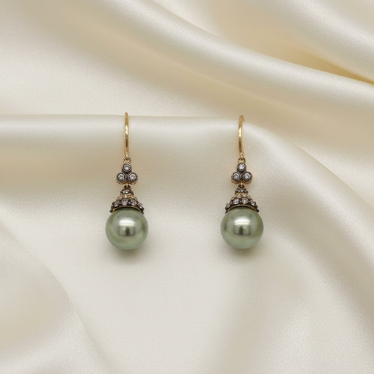 Estate Le Vian Green Pearl with Chocolate and White Diamond Drop Earrings