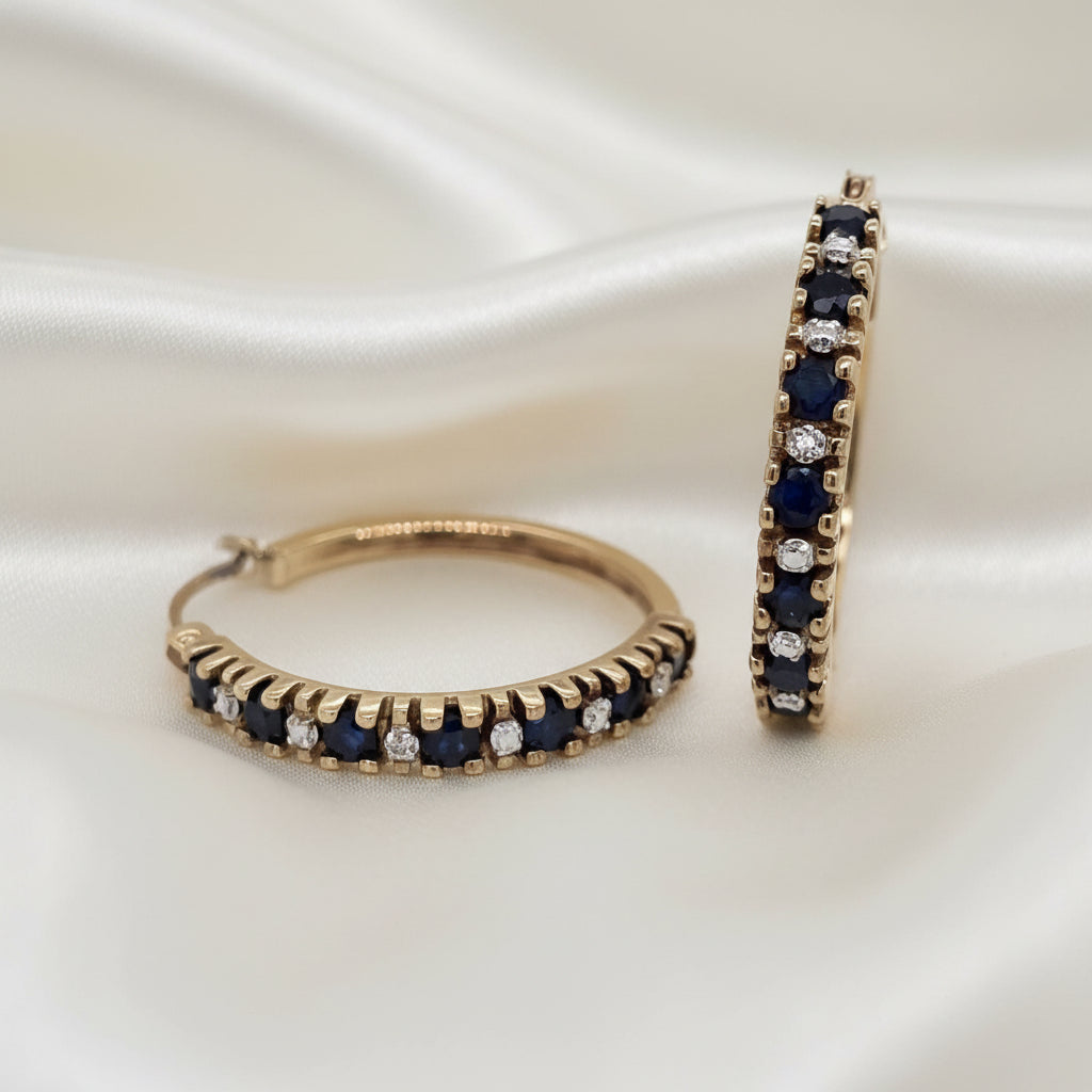 Estate Blue Sapphire and Diamond Hoop Earrings