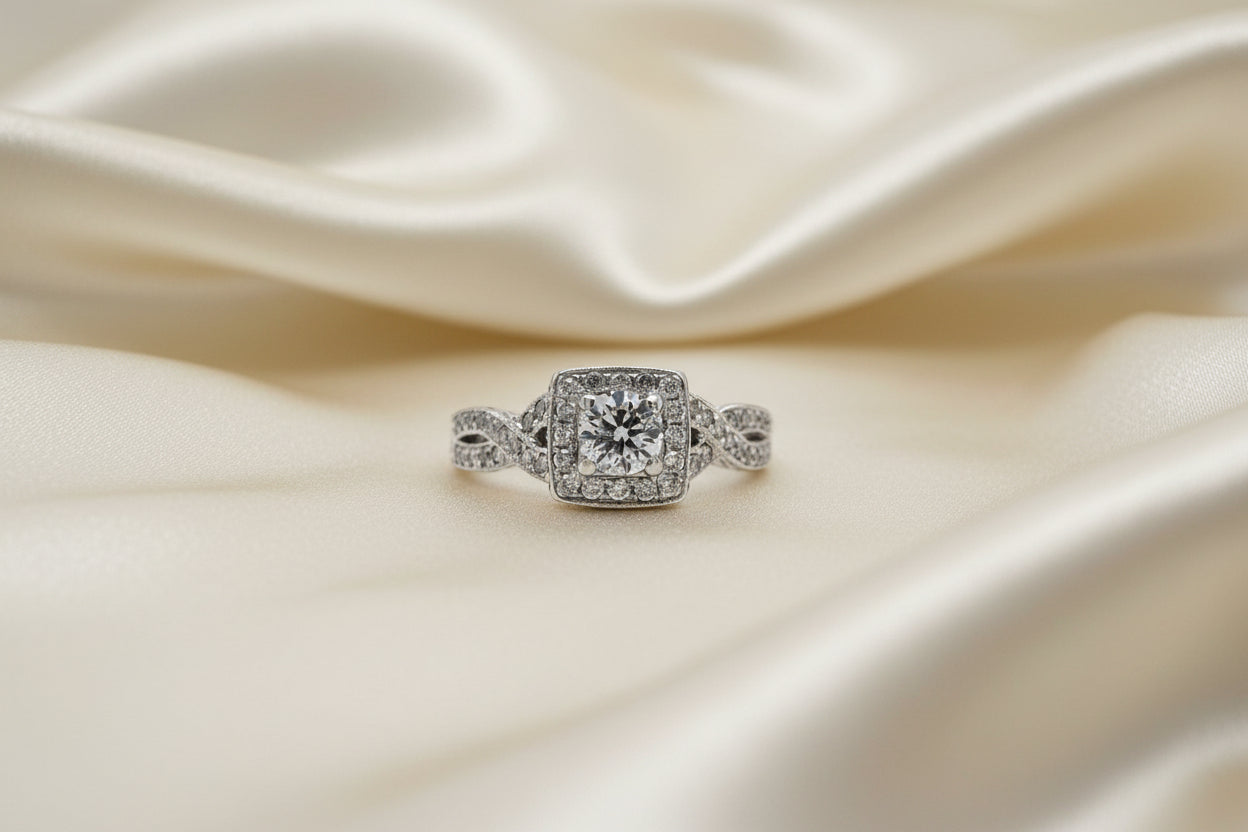 Estate Halo and Twisted Band Engagement Ring