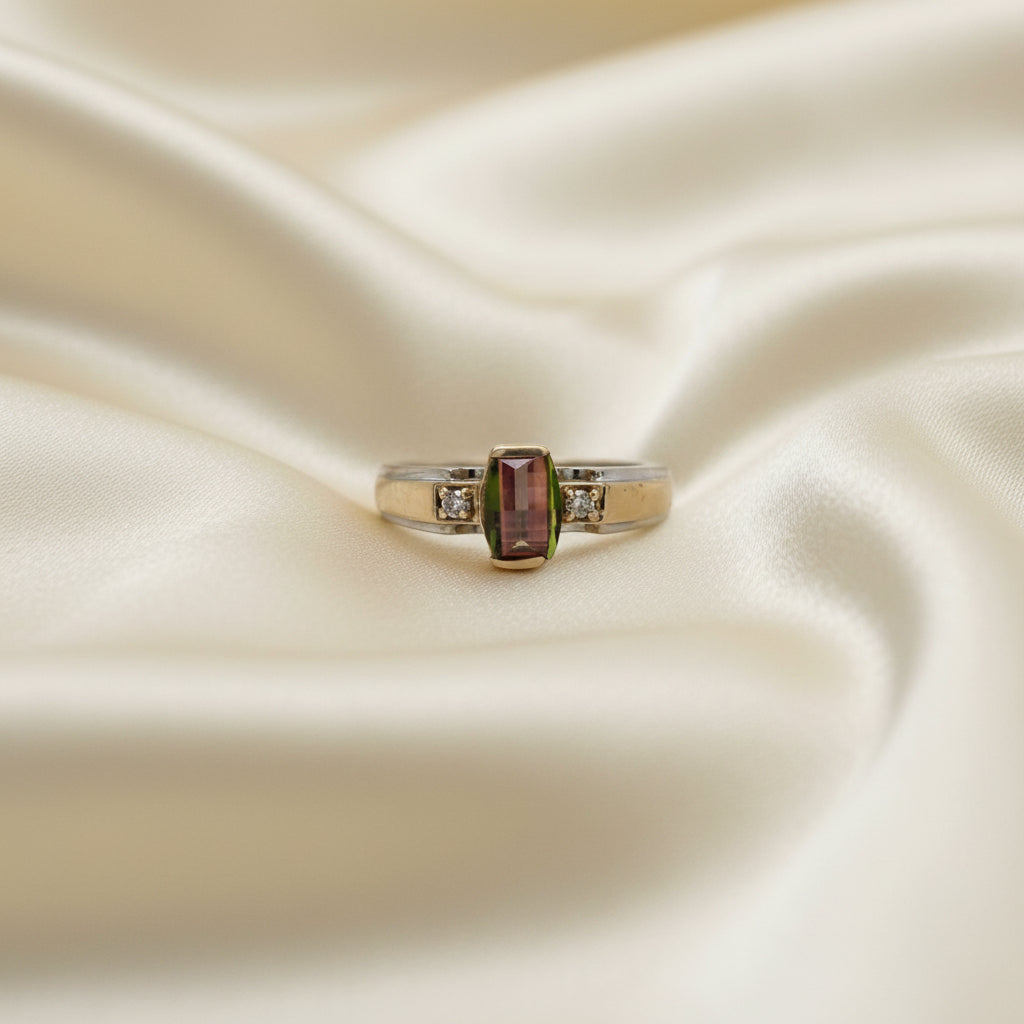 Estate Watermelon Tourmaline and Diamond Two Tone Ring