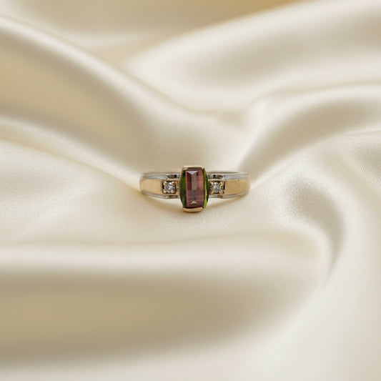 Estate Watermelon Tourmaline and Diamond Two Tone Ring
