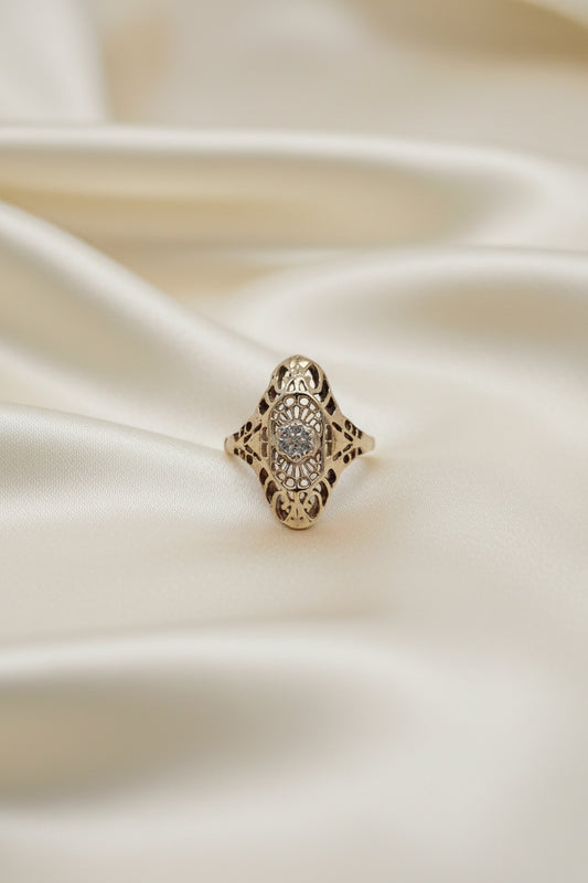 Estate Elongated Diamond Cluster Filagree Vintage Ring