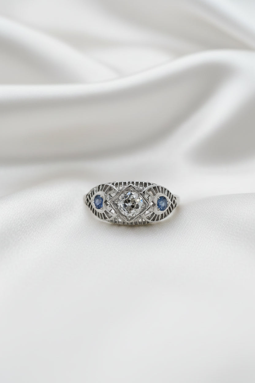 Estate Filagree Mine Cut Diamond Ring with Blue Topaz Accents