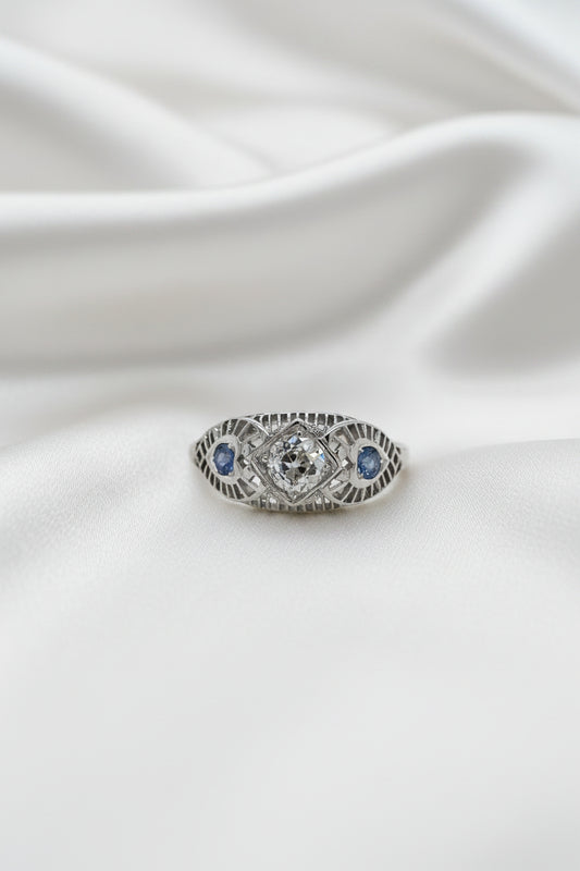 Estate Filagree Mine Cut Diamond Ring with Blue Topaz Accents