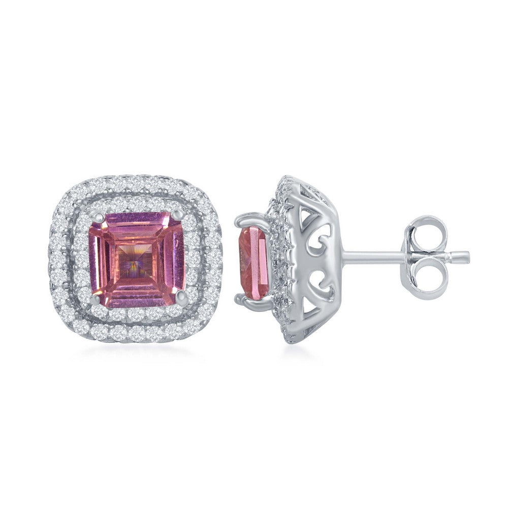 Sterling Silver Double CZ Square Border with Center Pink CZ Stud Earrings