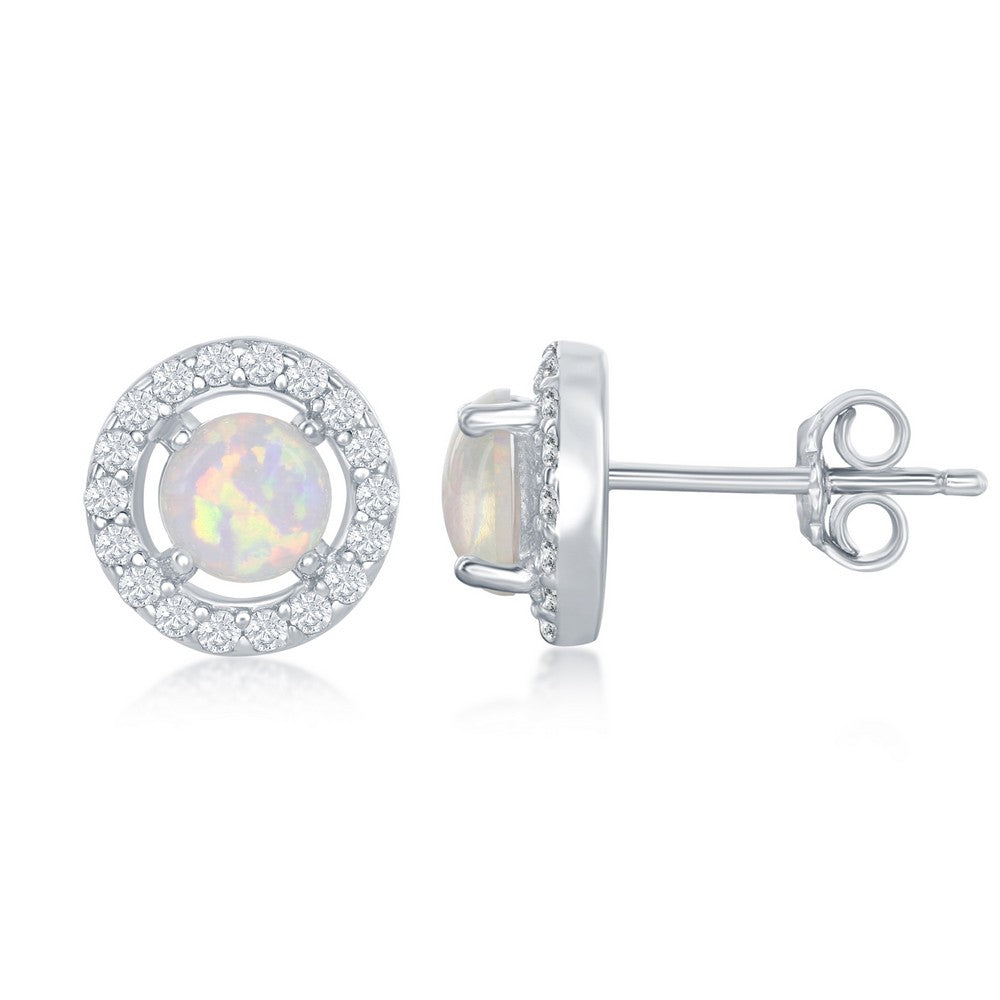 Sterling Silver Four-Prong White Opal with CZ Halo Round Stud Earrings