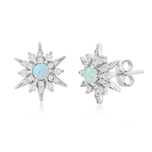 Sterling Silver White Opal Sunburst CZ Stud Earrings