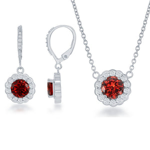 Sterling Silver January Birthstone w/ CZ Border Round Earrings and Necklace Set