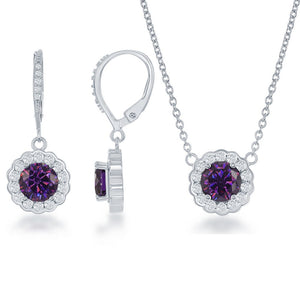 Sterling Silver February Birthstone w/ CZ Border Round Earrings and Necklace Set