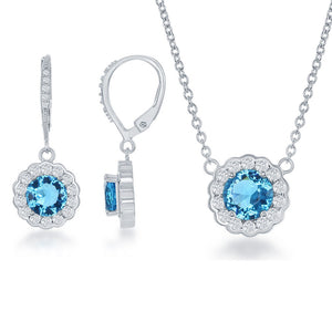 Sterling Silver December Birthstone w/ CZ Border Round Earrings and Necklace Set