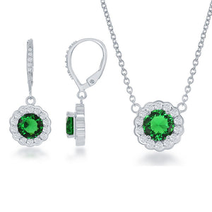 Sterling Silver May Birthstone w/ CZ Border Round Earrings and Necklace Set