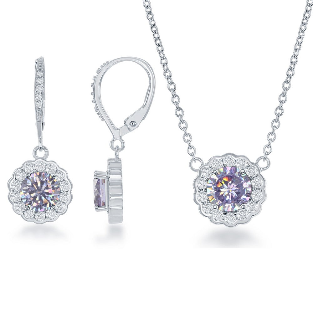 Sterling Silver June Birthstone w/ CZ Border Round Earrings and Necklace Set