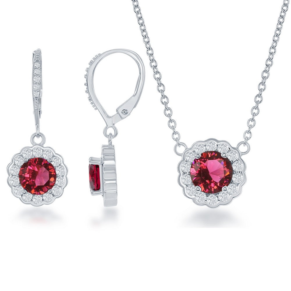 Sterling Silver July Birthstone w/ CZ Border Round Earrings and Necklace Set