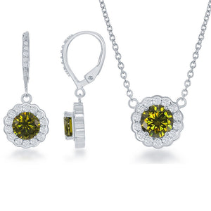 Sterling Silver August Birthstone w/ CZ Border Round Earrings and Necklace Set