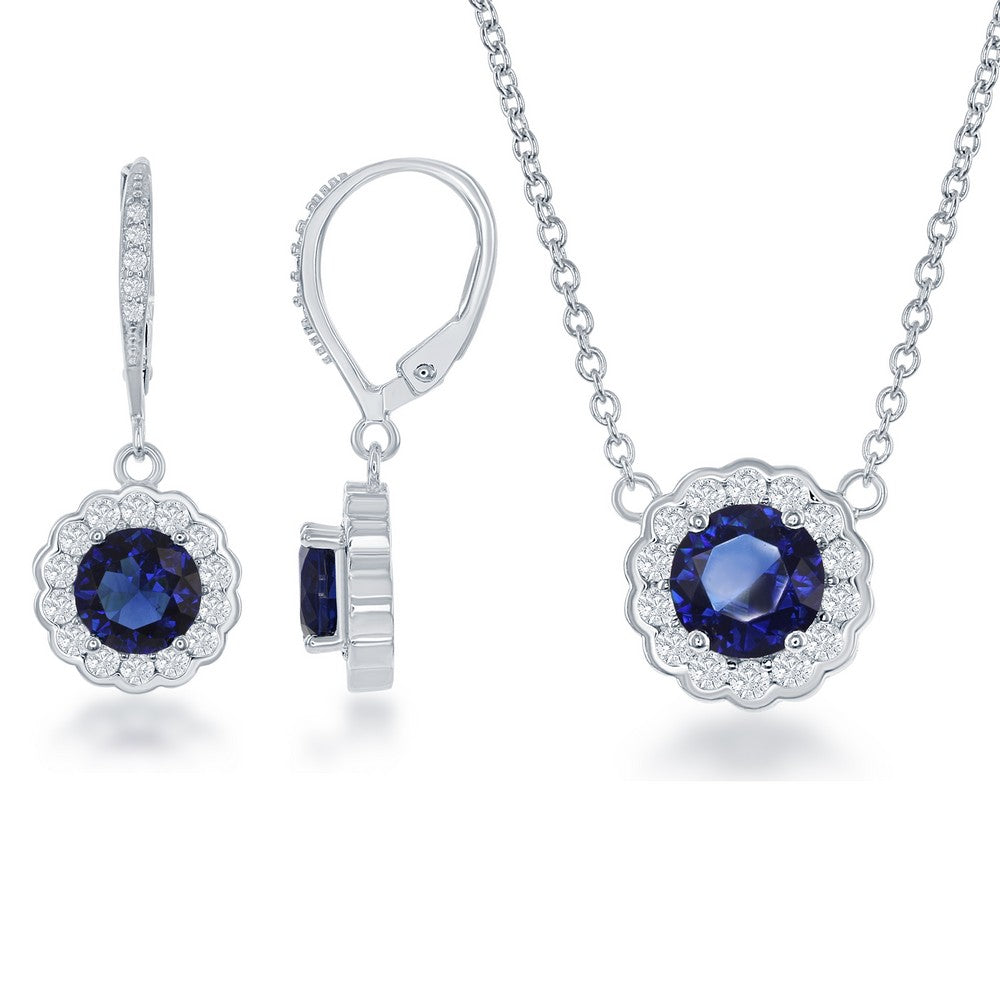 Sterling Silver September Birthstone w/ CZ Border Round Earrings and Necklace Set