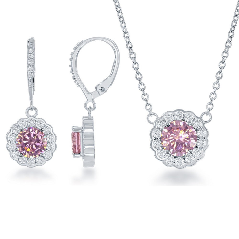 Sterling Silver October Birthstone w/ CZ Border Round Earrings and Necklace Set