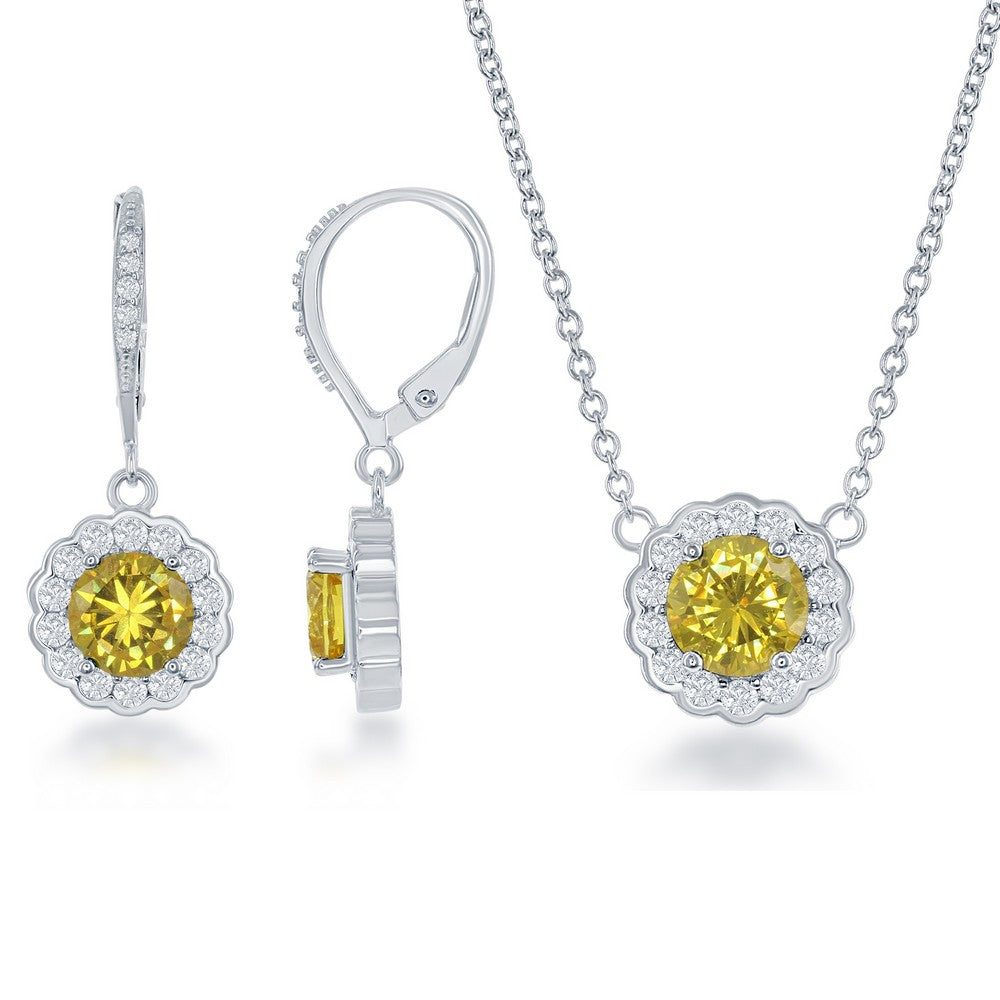 Sterling Silver November Birthstone w/ CZ Border Round Earrings and Necklace Set