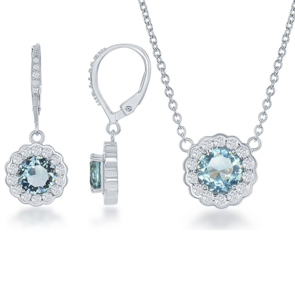 Sterling Silver March Birthstone w/ CZ Border Round Earrings and Necklace Set
