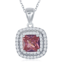 Load image into Gallery viewer, Sterling Silver Double CZ Square Border with Center Pink CZ Pendant
