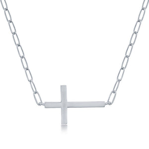 Sterling Silver Reversible CZ Sideways Cross Paperclip Necklace