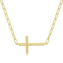 Load image into Gallery viewer, Sterling Silver Reversible CZ Sideways Cross Paperclip Necklace - Gold Plated
