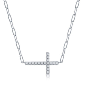 Sterling Silver Reversible CZ Sideways Cross Paperclip Necklace