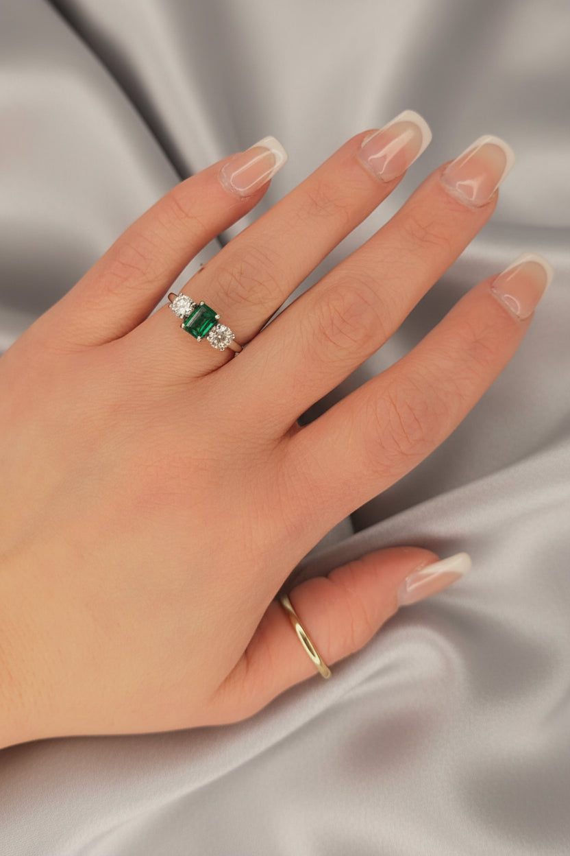 Estate Emerald and Diamond 3 Stone Ring