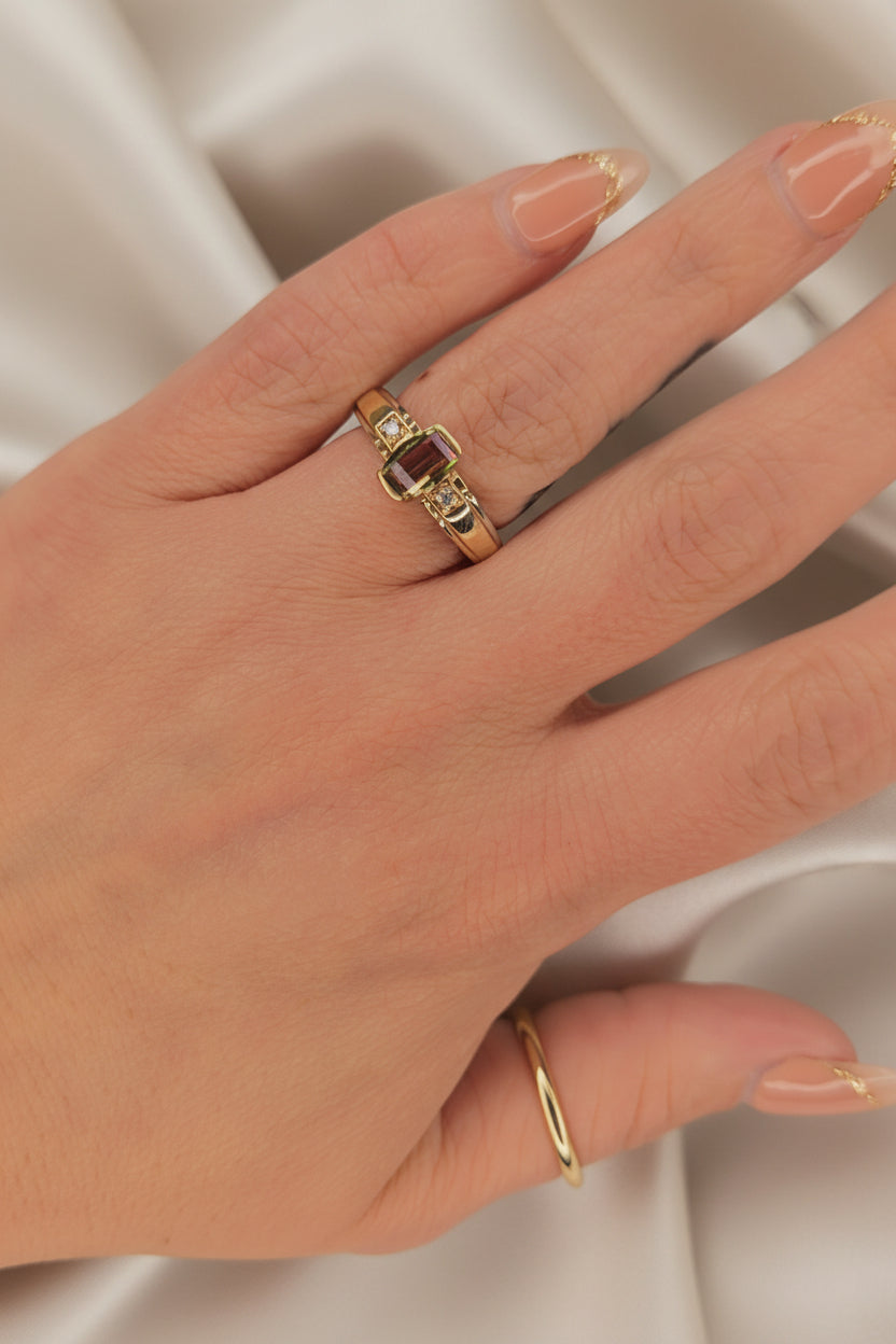 Estate Watermelon Tourmaline and Diamond Two Tone Ring