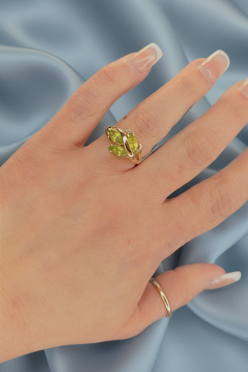 Estate Peridot and Diamond Leaf Ring