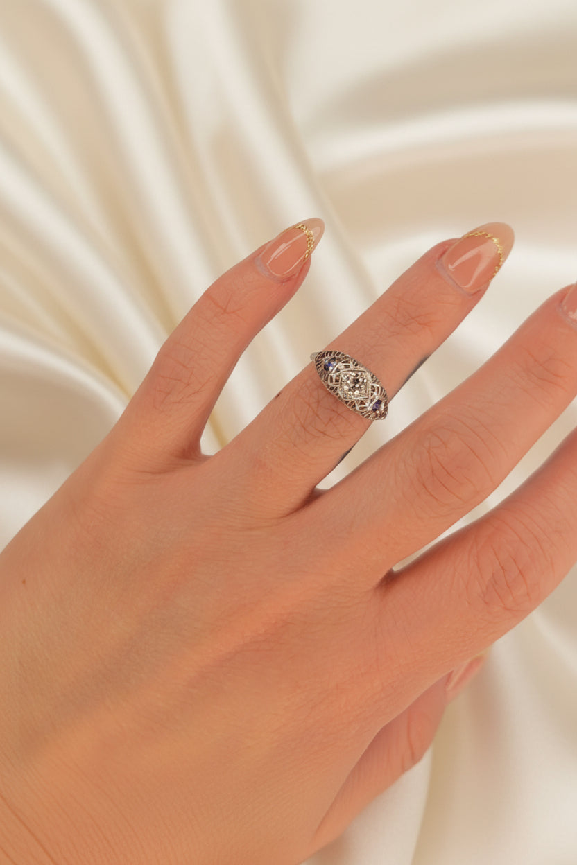 Estate Filagree Mine Cut Diamond Ring with Blue Topaz Accents