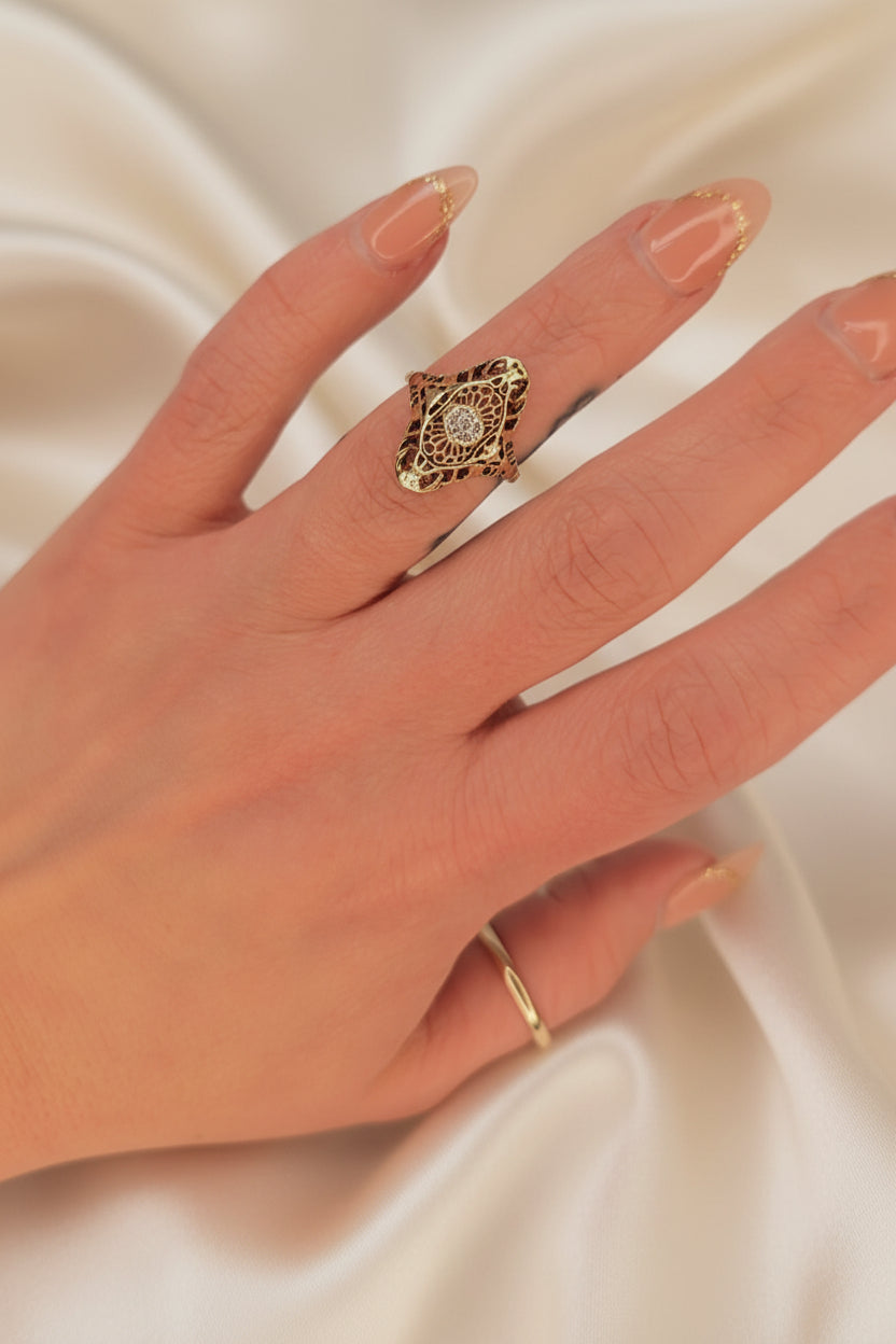 Estate Elongated Diamond Cluster Filagree Vintage Ring