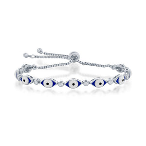 Sterling Silver Blue Enamel Evil Eye W/ CZ Adjustable Bolo Bracelet