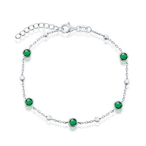 Sterling Silver Bezel-Set CZ & Bead Bracelet - Emerald