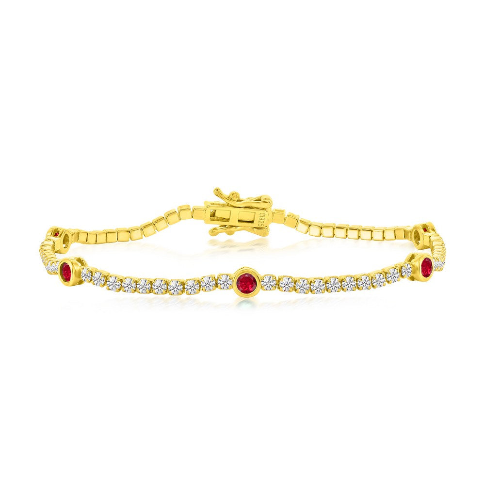 Sterling Silver, Bezel Simulated Diamond and Ruby Gold Plated Bracelet