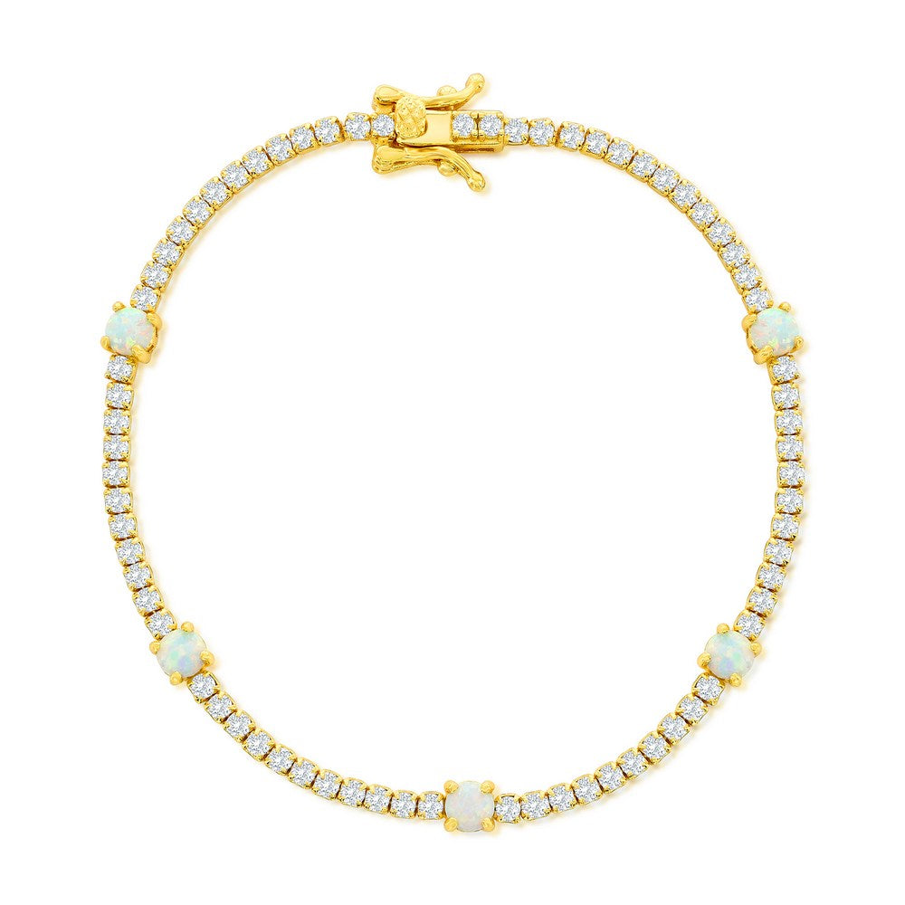 Sterling Silver, Round White Opal & Simulated Diamond Tennis Bracelet - Gold Plated