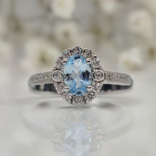 14k White Gold Aqumarine and Diamond Ring